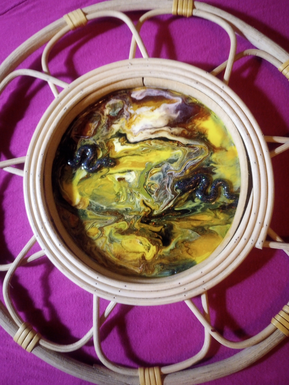 Abstract Yellow and Green Mixed Media Wall Art  With Snakes